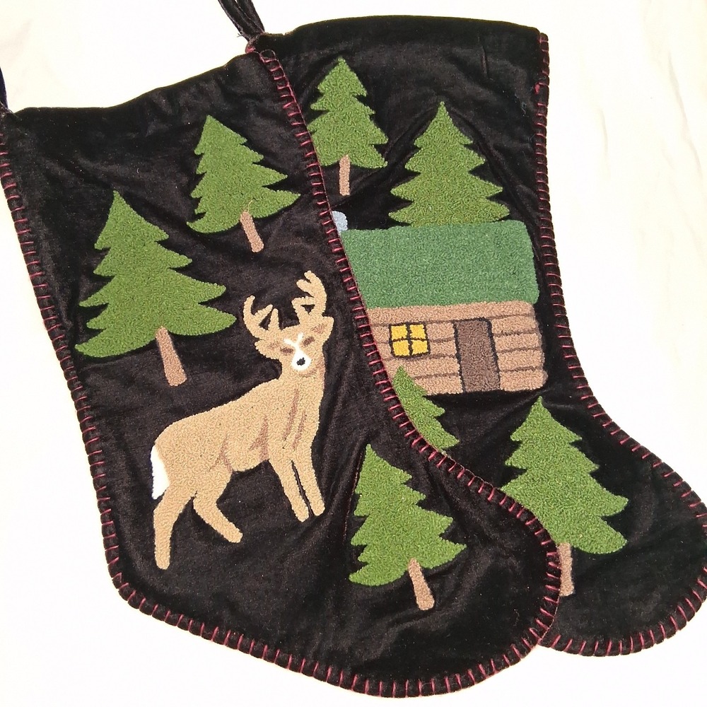 Set Of 2 Folk Art Country Christmas Stockings Black Velvet Deer‎ Log Cabin